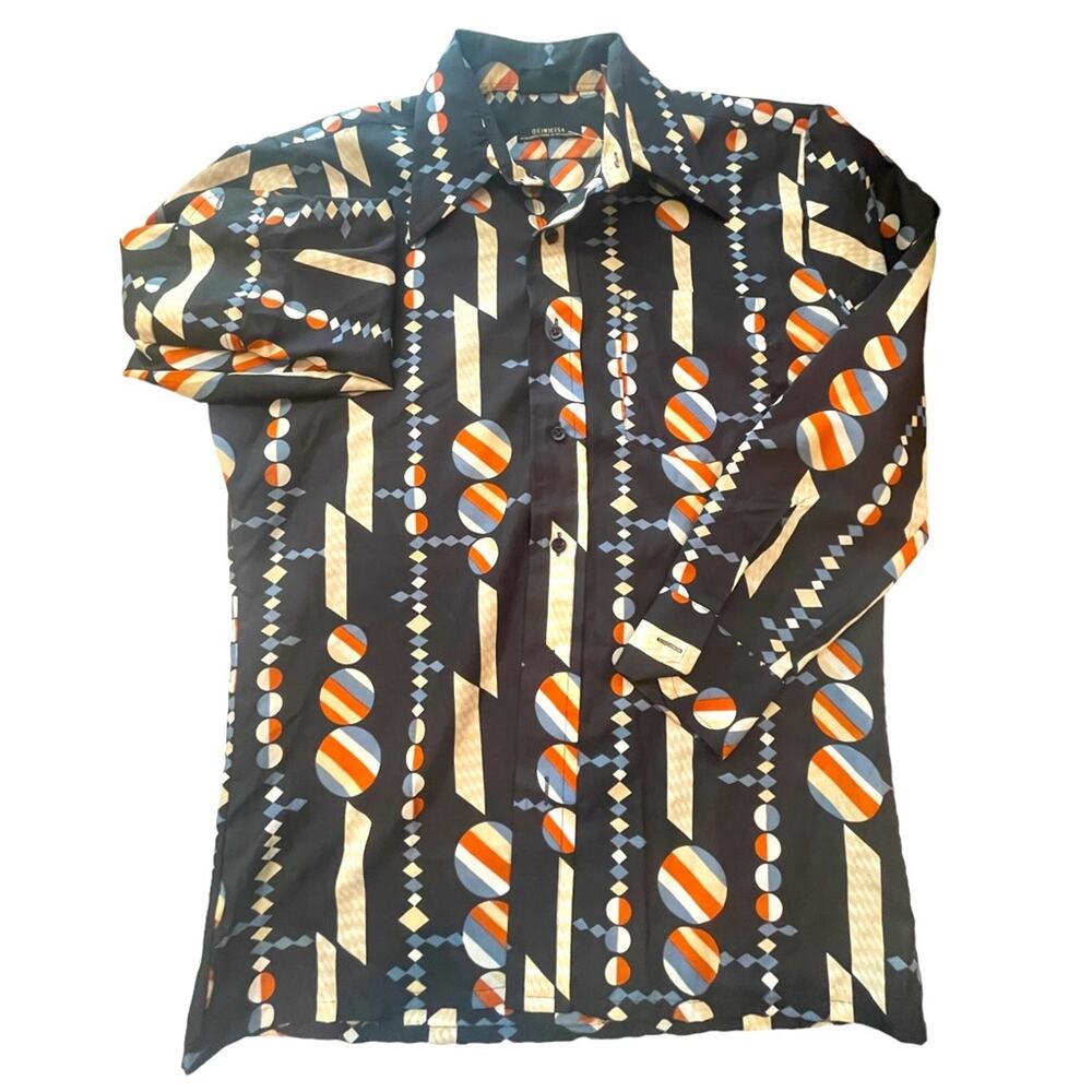 Quintessa 70s Shirt Mens Medium Casual Geometric Long Sleeves Button Down Black